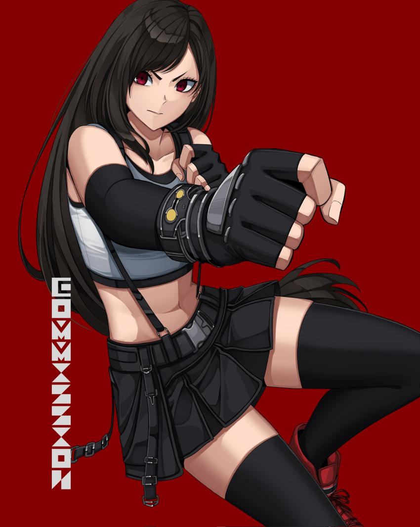 1girl black_gloves black_legwear black_skirt boots clenched_hands closed_mouth collarbone commission crop_top final_fantasy final_fantasy_vii final_fantasy_vii_remake fingerless_gloves fingernails foreshortening gloves highres materia prayudi555 red_background red_eyes red_footwear serious simple_background skirt solo suspender_skirt suspenders tank_top thighhighs tifa_lockhart white_tank_top zettai_ryouiki