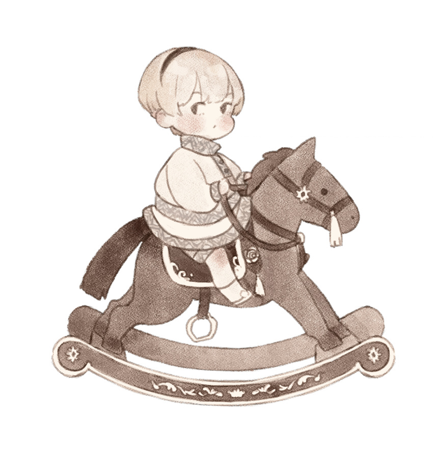 1boy ai-wa bangs blonde_hair blush child fire_emblem fire_emblem_fates from_side full_body hairband highres leo_(fire_emblem) long_sleeves looking_at_viewer male_child male_focus riding rocking_horse shoes short_hair shorts sideways_glance simple_background socks solo white_background white_footwear white_legwear younger