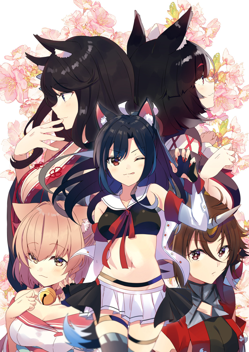 5girls ;p absurdres animal_ear_fluff animal_ears azur_lane bare_shoulders bell black_hair black_kimono black_legwear breasts brown_eyes brown_hair cat_ears cleavage commission fusou_(azur_lane) highres horns japanese_clothes jingle_bell kimono large_breasts long_hair looking_at_viewer looking_to_the_side michishio_(azur_lane) midriff miniskirt mogami_(azur_lane) multiple_girls navel neck_bell neck_ribbon one_eye_closed pixiv_request pleated_skirt ponytail red_eyes red_ribbon ribbon sailor_collar school_uniform serafuku shigure_(azur_lane) short_hair single_horn skirt thighhighs tongue tongue_out white_legwear white_sailor_collar white_skirt wolf_ears yamashiro_(azur_lane) yukichi_(eikichi)