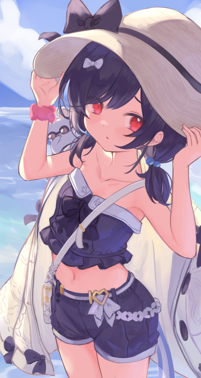 1girl absurdres animal_on_shoulder bag bangs bare_arms bare_shoulders beads belt black_bow black_hair black_shirt bow collarbone commentary cowboy_shot granblue_fantasy hair_beads hair_ornament hand_on_headwear hands_up hat hat_bow highres jacket jacket_on_shoulders klaius light_blush looking_at_viewer medium_hair midriff mouse navel pink_scrunchie red_eyes scrunchie shirt short_shorts short_twintails shorts shoulder_bag solo strapless strapless_shirt sun_hat swept_bangs twintails vikala_(granblue_fantasy) white_jacket wrist_scrunchie