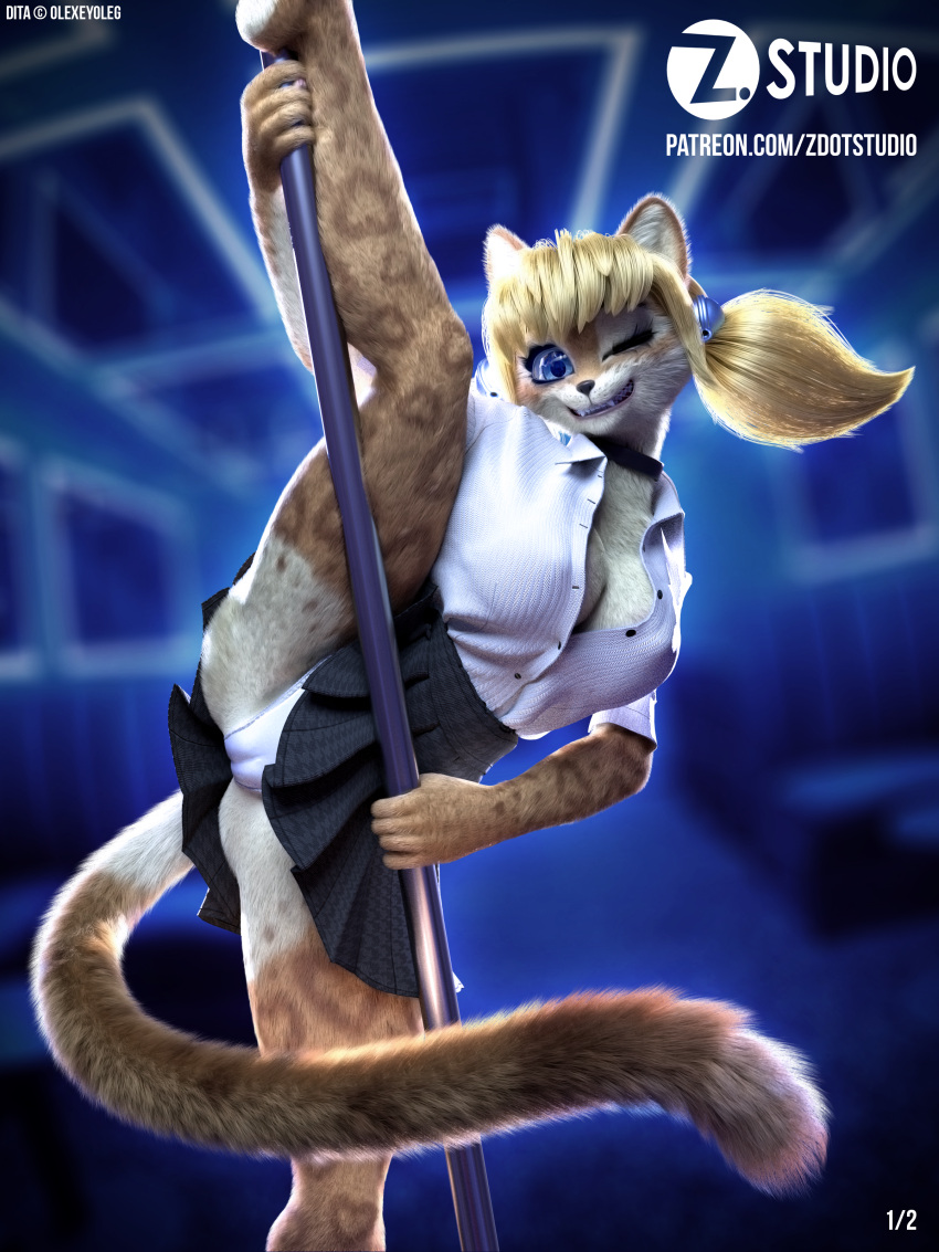 3d_(artwork) 5_fingers absurd_res anthro bent_leg big_breasts biped black_nose blonde_hair blue_eyes blurred_background bottomwear breasts brown_body brown_fur butt camel_toe cleavage clothed clothing collar dancing detailed digital_media_(artwork) dita_(olexey_oleg) dutch_angle eyelashes felid feline female fingers flexible front_view fully_clothed fur fur_markings hair hi_res jaguar looking_at_viewer mammal markings on_one_leg one_eye_closed one_leg_up pantherine panties pigtails pole pole_dancing portrait raised_leg skirt small_waist smile solo splits spread_legs spreading standing text underwear url vertical whiskers wink zorryn