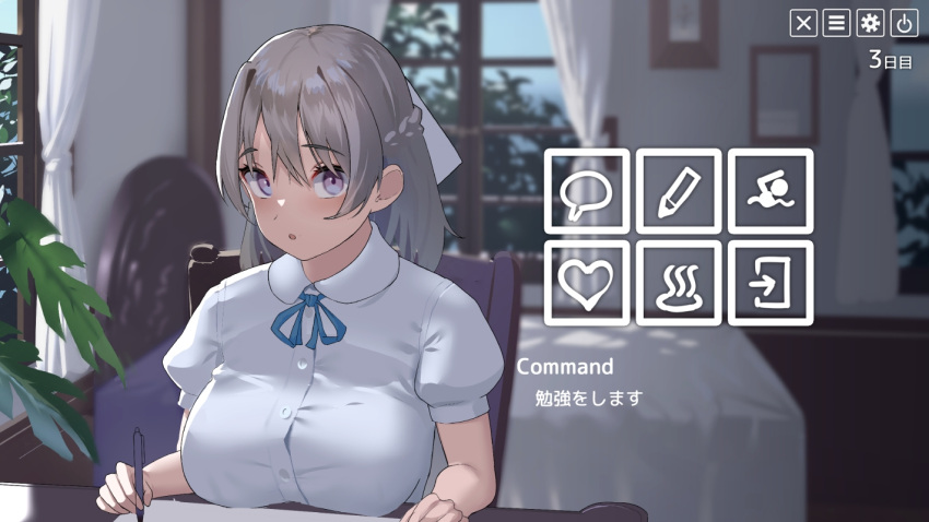 1girl :o bangs bed bedroom blue_ribbon blurry blurry_background blush breast_rest breasts breasts_on_table collared_shirt commentary_request dress_shirt error grey_hair hair_between_eyes hair_ribbon indoors large_breasts long_hair looking_at_viewer monstera_deliciosa neck_ribbon on_chair open_mouth original purple_eyes ribbon satsuki_neko shirt short_sleeves sitting solo translation_request white_ribbon white_shirt