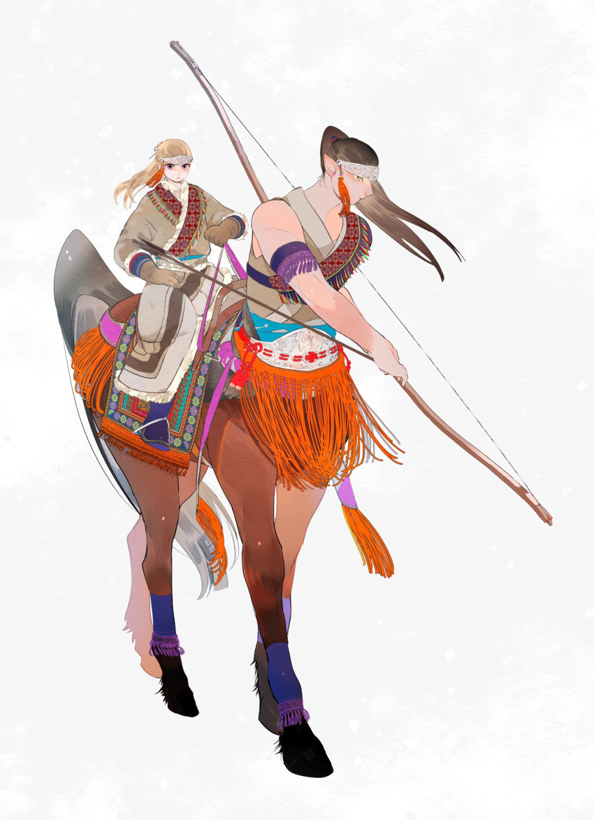 2boys androgynous armband arrow_(projectile) blonde_hair blue_footwear boots bow_(weapon) brown_coat brown_gloves brown_hair centaur closed_mouth coat full_body fur-trimmed_coat fur-trimmed_gloves fur_trim gloves hair_ornament highres holding holding_arrow holding_bow_(weapon) holding_weapon long_hair looking_at_viewer looking_to_the_side male_focus monster_boy multiple_boys nkvoop original pointy_ears ponytail purple_eyes sleeveless standing tassel tassel_hair_ornament taur traditional_clothes walking weapon white_background yellow_eyes