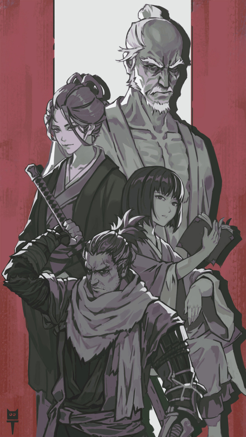 1girl 3boys arm_up ashina_isshin bald beard book closed_mouth collarbone commentary emma_the_gentle_blade english_commentary facial_hair forehead hair_bun highres holding holding_book holding_sword holding_weapon japanese_clothes katana kimono kuro_the_divine_heir long_sleeves looking_at_viewer monochrome multiple_boys multiple_girls mustache open_book scarf sekiro sekiro:_shadows_die_twice sword sword_behind_back torn_scarf weapon weapon_on_back wide_sleeves zhanghan