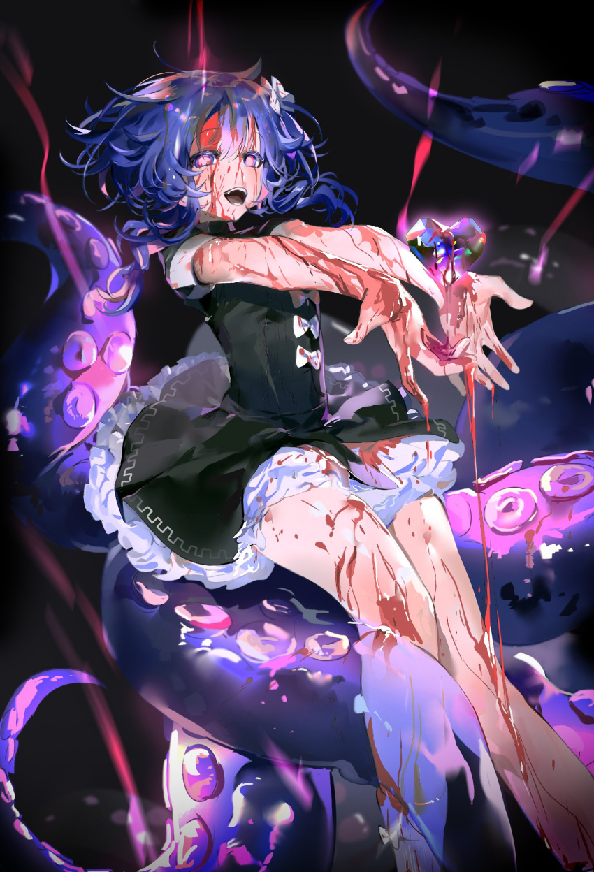 1girl absurdres aura black_dress blood blood_in_hair blood_on_arm blood_on_clothes blood_on_face blood_on_hands blood_on_leg blue_eyes blue_hair bow cropped crystal dress dripping floating floating_object frilled_dress frills grey_bow hair_between_eyes hair_bow heart highres long_hair looking_at_viewer medium_hair multicolored_eyes multicolored_hair nykim0915 open_mouth original pink_eyes pink_hair purple_eyes purple_hair sitting sleeves_rolled_up solo suction_cups teeth tentacles transparent white_bow