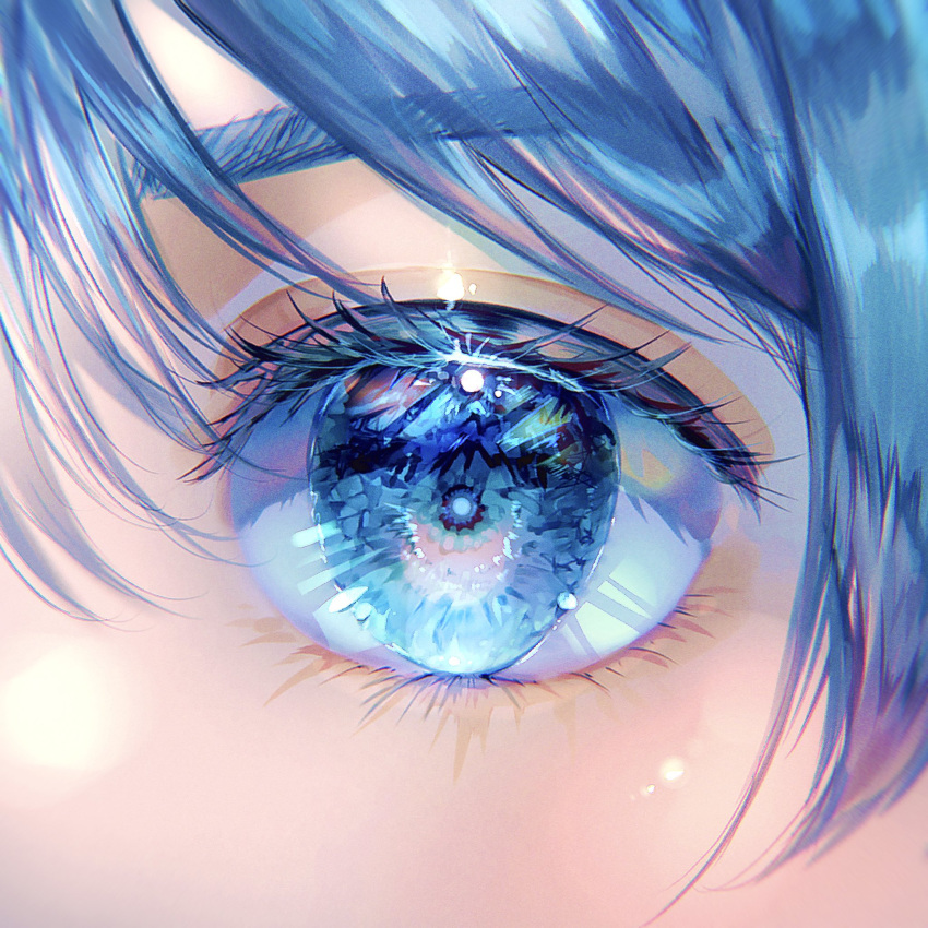 1girl bangs blue_eyes blue_hair blue_sclera close-up colored_eyelashes colored_sclera commentary_request eye_reflection face hair_between_eyes hatsune_miku highres light_blush looking_at_viewer pinapo_25 reflection solo vocaloid