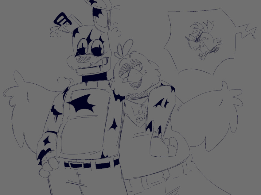 2022 angry animatronic anthro arm_feathers beak belt belt_buckle bib bodily_fluids bottomwear canid canine cheek_tuft chica_(fnaf) clothed clothing crying digital_drawing_(artwork) digital_media_(artwork) facial_tuft female five_nights_at_freddy's five_nights_at_freddy's_3 fox foxy_(fnaf) group half-closed_eyes head_tuft lagomorph leporid looking_at_another machine male mammal narrowed_eyes notched_ear open_beak open_mouth open_smile pants pants_only partially_clothed rabbit robot scottgames sharp_teeth sketch skkortysoup smile springtrap_(fnaf) tears teeth trio tuft video_games wire yelling