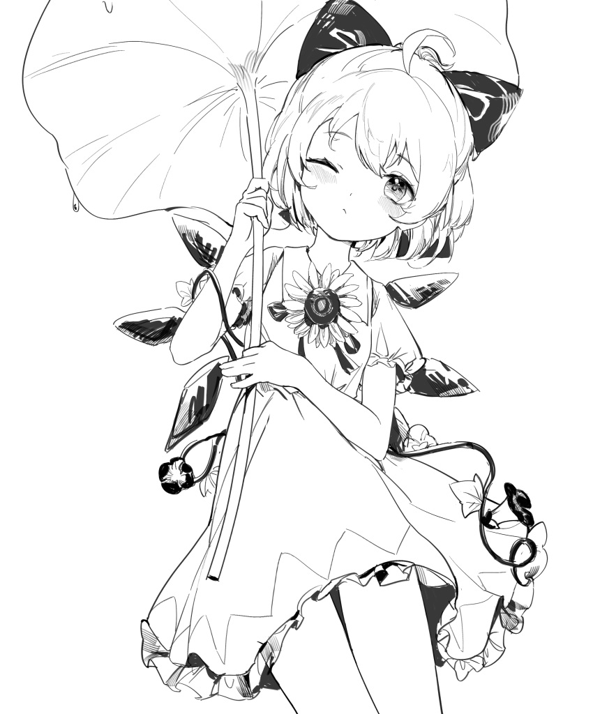 1girl absurdres ahoge blush bow cirno closed_mouth collared_shirt detached_wings dress fairy flower greyscale hair_between_eyes hair_bow highres holding holding_leaf ice ice_wings leaf leaf_umbrella monochrome morning_glory one_eye_closed puffy_short_sleeves puffy_sleeves shirt short_hair short_sleeves simple_background siyumu solo sunflower tanned_cirno touhou white_background wings