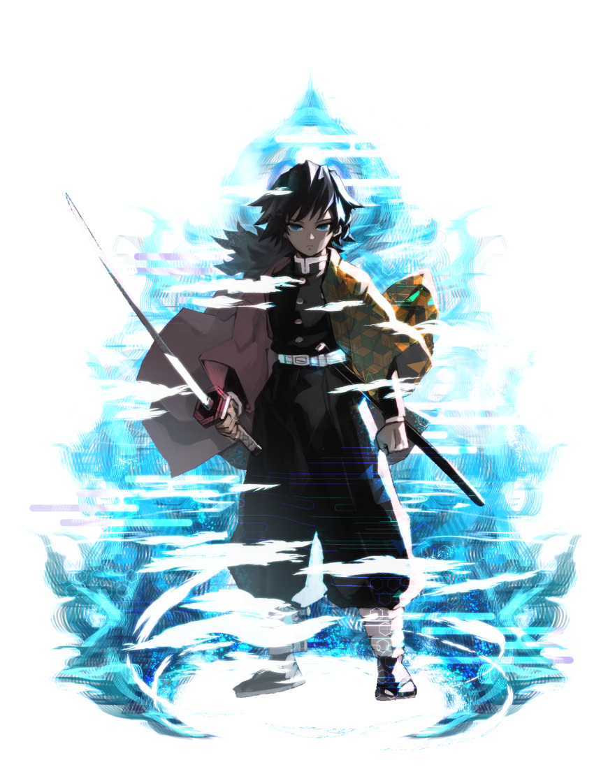 1boy absurdres aura black_hair blue_eyes clenched_hand collared_shirt fog hakama half-closed_eyes highres ico_aico japanese_clothes katana kimetsu_no_yaiba kimono long_hair looking_at_viewer male_focus sandals scabbard sheath shirt simple_background socks solo spiked_hair sword tomioka_giyuu uniform weapon white_background yukata