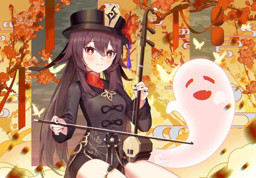 1girl black_nails black_shorts blush brown_hair bug butterfly cavcaz chinese_clothes coat erhu flower flower-shaped_pupils genshin_impact ghost hair_between_eyes hat hat_ornament highres hu_tao_(genshin_impact) instrument jewelry long_sleeves looking_at_viewer music playing_instrument plum_blossoms porkpie_hat red_eyes red_shirt ring shirt shorts symbol-shaped_pupils twintails