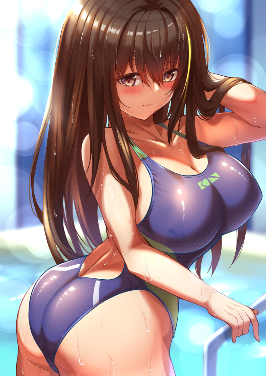 1girl black_eyes black_hair breasts competition_swimsuit cowboy_shot from_side girls'_frontline green_hair hand_in_own_hair highres large_breasts long_hair m4a1_(girls'_frontline) multicolored_hair one-piece_swimsuit pool school_swimsuit streaked_hair swimsuit wet xlscaler