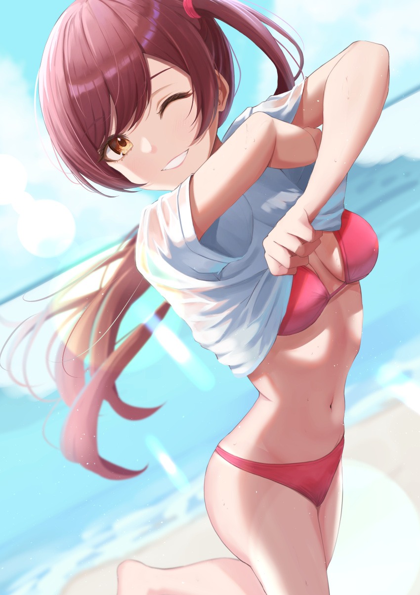1girl absurdres ass bangs beach bikini blue_sky blurry blurry_background blush breasts brown_hair clothes_lift day dutch_angle floating_hair grin highres idolmaster idolmaster_shiny_colors lens_flare lifted_by_self long_hair looking_at_viewer marishiten_(mar1sh110) medium_breasts navel ocean osaki_amana outdoors red_bikini shirt shirt_lift short_sleeves side_ponytail sidelocks sky smile solo standing stomach strap_gap swept_bangs swimsuit teeth thighs water wet wet_clothes wet_shirt white_shirt yellow_eyes