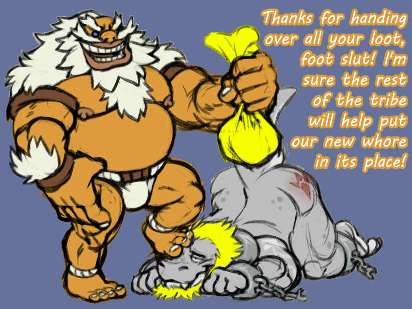all_fours ambiguous_gender anthro arm_hair ass_up beard blonde_hair body_hair bottomwear branded breath_of_the_wild chest_hair clothing cuff_(restraint) dinosaur duo facial_hair feet fetishame foot_fetish foot_on_face foot_sniffing goron grey_body hair hi_res humanoid light loincloth lord_daruk male nintendo nipples orange_body reptile restraints scalie shackles sniffing stepping_on_face sunlight the_legend_of_zelda theropod tyrannosaurid tyrannosaurus tyrannosaurus_rex video_games white_hair