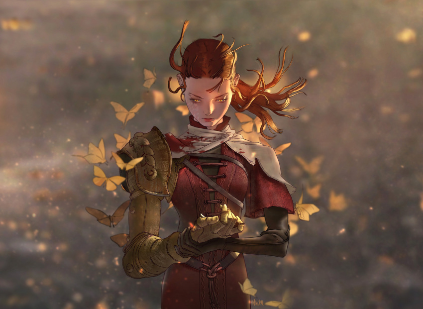 1girl absurdres amputee blood brown_tunic bug butterfly elden_ring highres long_hair low-tied_long_hair mechanical_arms millicent_(elden_ring) naomiful prosthesis prosthetic_arm red_hair single_mechanical_arm tunic yellow_background yellow_butterfly