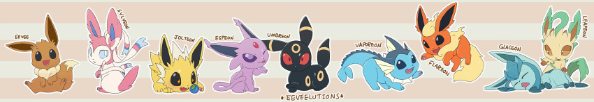 absurd_res all_nine_eeveelutions ambiguous_gender berry black_nose bodily_fluids cute_fangs drooling eevee eeveelution espeon expressions feral flareon food fruit furyraptor23 glaceon group hi_res jolteon leafeon long_image looking_at_viewer lying nintendo on_front on_side open_mouth pawpads paws plant playing pok&eacute;mon pok&eacute;mon_(species) saliva simple_background sitting sylveon text tongue umbreon vaporeon video_games wide_image