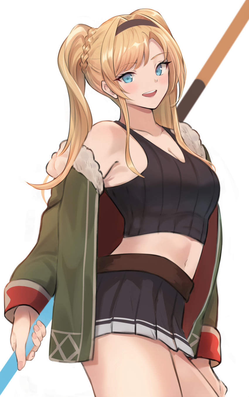 1girl :d absurdres bangs blonde_hair blue_eyes blush breasts granblue_fantasy highres large_breasts long_hair looking_at_viewer navel renzu_(lens_02) smile solo swept_bangs thighs twintails zeta_(granblue_fantasy)