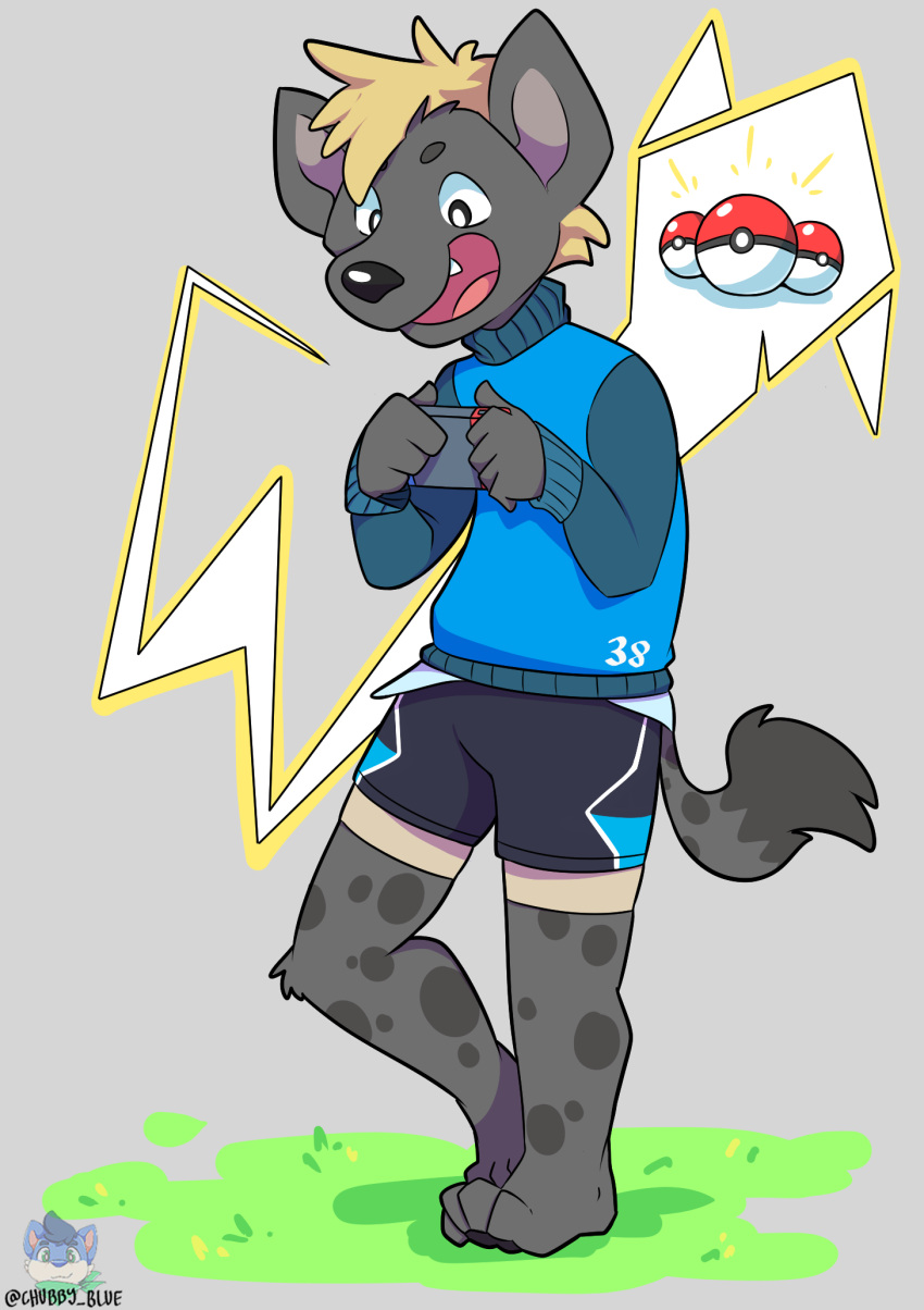 anthro bluechubbywolf calahoo_(calahootheyeen) clothing excited gaming hi_res hyaenid layered_clothing male mammal nintendo nintendo_switch playing_videogame pok&eacute;ball pok&eacute;mon smile solo spotted_hyena sweater topwear video_games