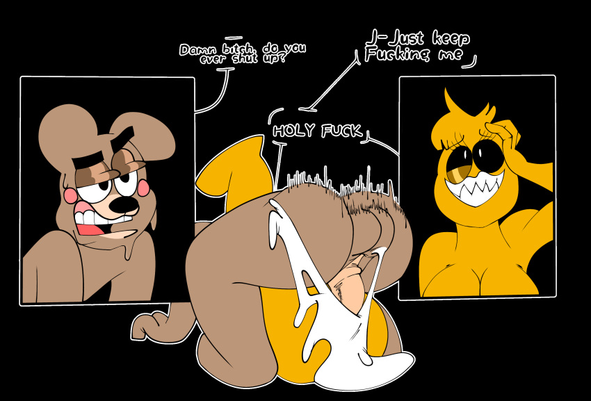 adultpartypunch animatronic annoyed annoyed_expression anthro balls bodily_fluids brown_body brown_fur butt cum cum_explosion cum_inside cum_overflow cum_overflowing dialogue digital_media_(artwork) disappointed duo ejaculation english_text female female_penetrated five_nights_at_freddy's five_nights_at_freddy's_2 from_front_position fucked_silly fur genital_fluids genitals hair hi_res looking_away machine male male/female male_penetrating male_penetrating_female mammal mating_press nude orgasm orgasm_face penetration penis pussy robot scottgames sex simple_background smile sweat text toony toy_chica_(fnaf) toy_freddy_(fnaf) ursid vaginal vaginal_penetration video_games