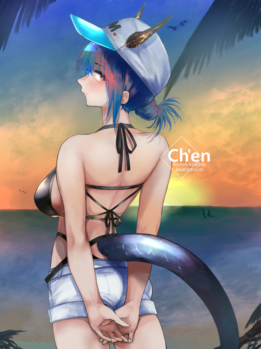 1girl absurdres arknights arms_behind_back artist_name baseball_cap beach bikini black_bikini blue_hair breasts ch'en_(arknights) ch'en_the_holungday_(arknights) character_name copyright_name dragon_horns dragon_tail from_behind hat highres horns horns_through_headwear kojima_(blue_stardust) large_breasts looking_back ocean red_eyes shorts sunset swimsuit tail