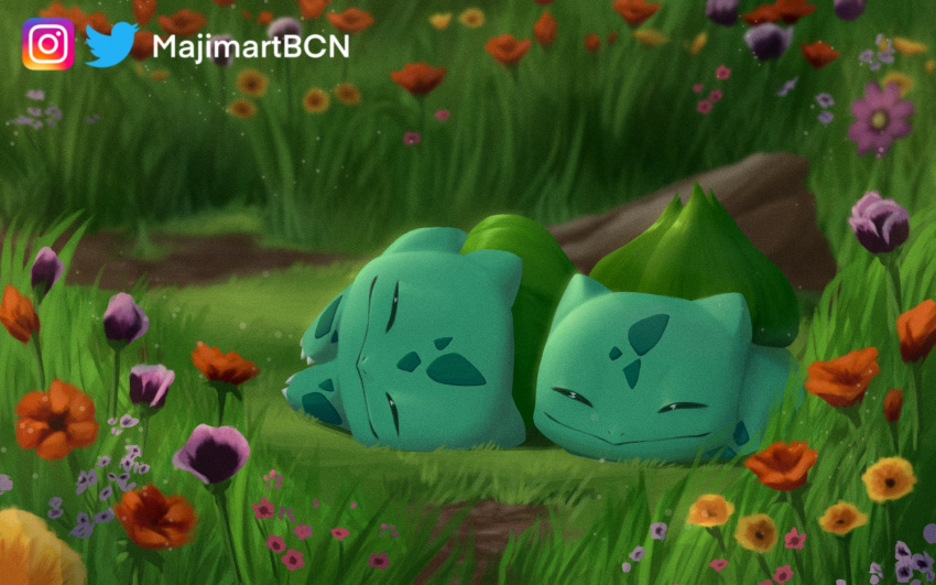 ambiguous_gender artist_name bulb bulbasaur cat_eared_creature colored detailed detailed_background digital_media_(artwork) digital_painting_(artwork) duo eyes_closed facial_markings feral flower flower_bud flower_field garden grass green_markings head_markings hi_res light lineless lying majimartbcn markings nintendo on_front on_side plant pok&eacute;mon pok&eacute;mon_(species) quadruped rock shaded sleeping sleeping_together smile sunlight teal_body translated_description video_games watermark