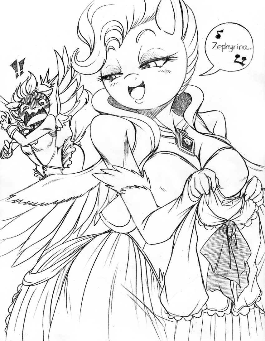 age_difference anthro anthrofied blush boastudio bottomwear breasts cleavage clothed clothing daughter duo equid equine female hasbro hi_res mammal mature_female mlp_g5 mother mother_and_child mother_and_daughter my_little_pony older_female parent parent_and_child pegasus queen_haven_(mlp) skirt wings younger_female zipp_storm_(mlp)