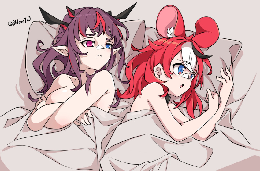 2girls :o animal_ear_fluff animal_ears bidortw black_hair blue_eyes crossed_arms extra_ears hakos_baelz heterochromia highres hololive hololive_english horns irys_(hololive) lying mouse_ears multicolored_hair multiple_girls on_side pillow pointy_ears purple_eyes purple_hair teeth twitter_username upper_teeth virtual_youtuber white_hair yuri