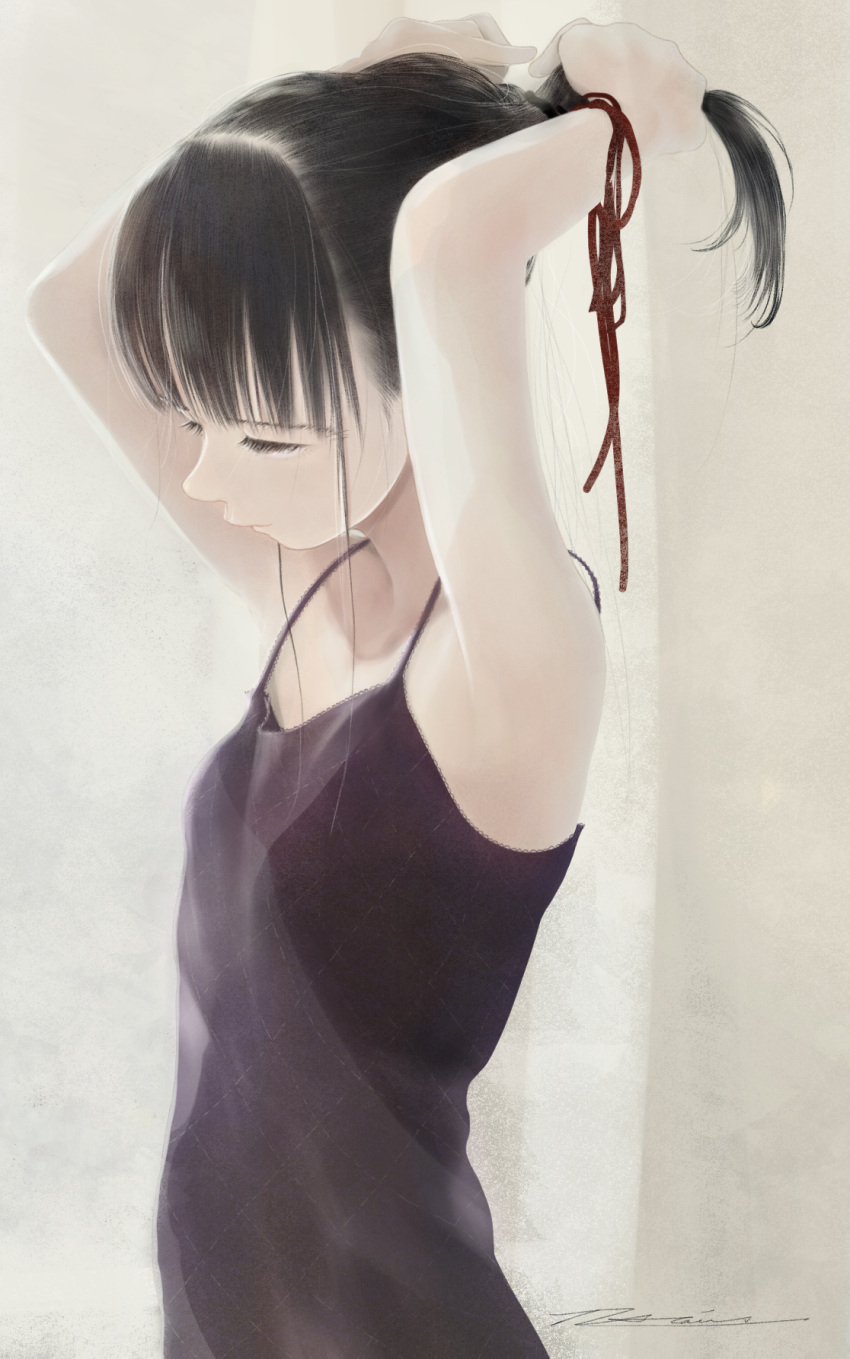 1girl arms_behind_head arms_up bangs bare_shoulders black_hair blunt_bangs breasts camisole commentary_request eyelashes hair_strand highres holding holding_hair junito715 looking_away looking_down original ponytail red_ribbon ribbon signature sleeveless small_breasts solo spaghetti_strap tying_hair upper_body