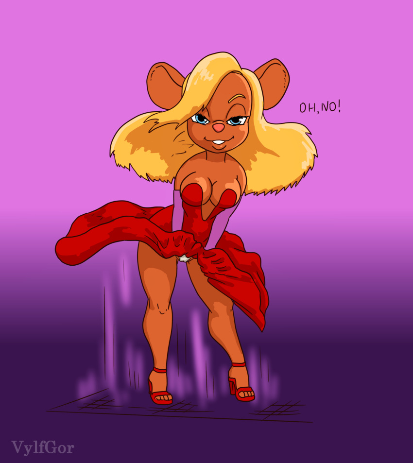 2022 anthro big_breasts blonde_hair blue_eyes breasts chip_'n_dale_rescue_rangers clothed clothing crossover digital_media_(artwork) disney dress female fur gadget_hackwrench hair hi_res looking_pleasured mammal marilyn_monroe murid murine red_clothing rodent smile solo vylfgor wind