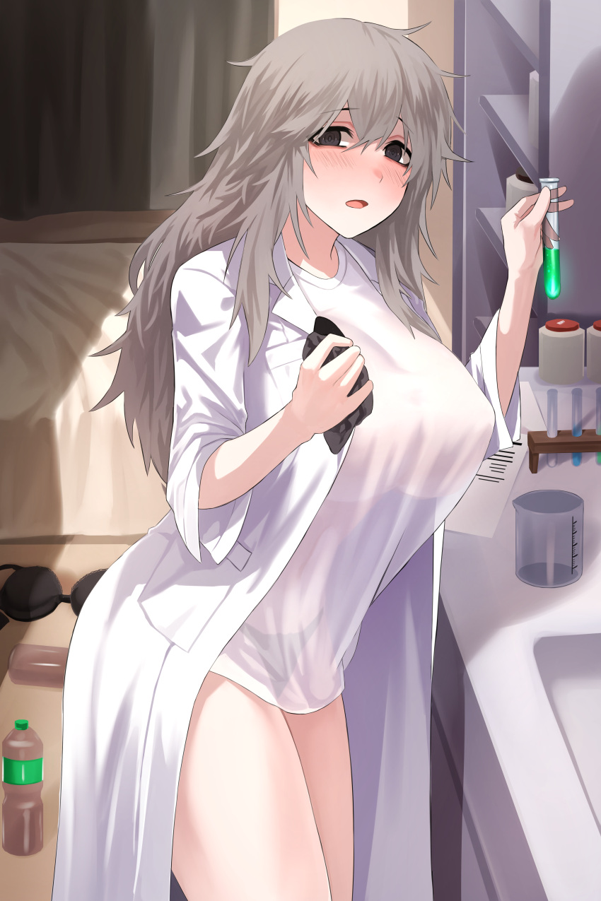 1girl absurdres bangs bare_legs black_bra black_panties blush bottle bra bra_removed breasts coat commentary_request cowboy_shot curtains day doctor grey_eyes grey_hair hair_between_eyes hands_up highres indoors korean_commentary labcoat large_breasts ldl_(bcw1025) long_hair long_sleeves looking_at_viewer messy_hair open_mouth original panties pocket see-through shelf shirt solo standing test_tube underwear white_coat white_shirt