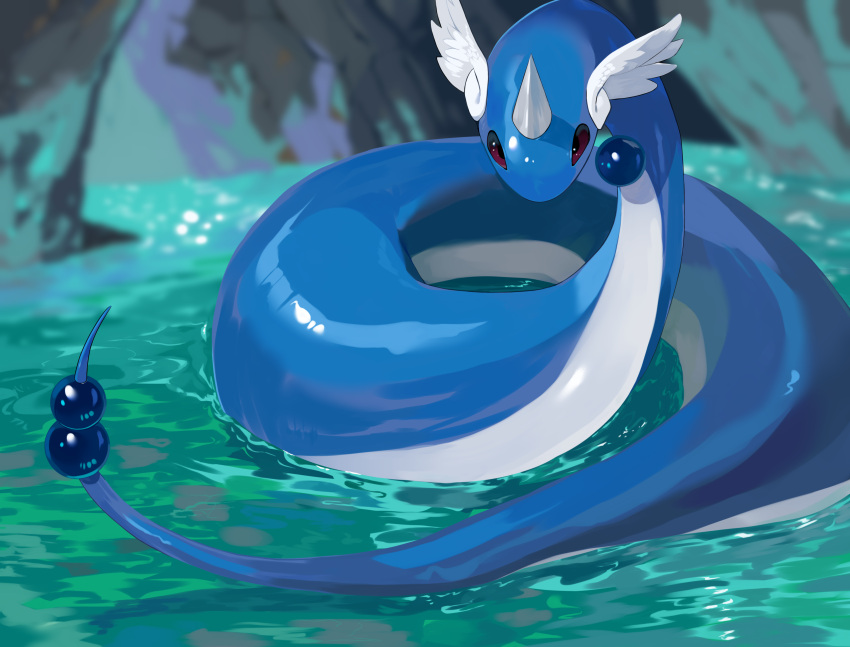 absurdres animal_focus blurry commentary_request dragonair highres looking_at_viewer no_humans outdoors pokemon pokemon_(creature) purple_eyes shiny solo water yunimaru