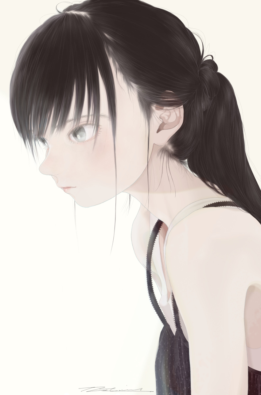 1girl absurdres bangs bare_shoulders black_hair closed_mouth commentary_request eyelashes from_side grey_eyes highres junito715 lips looking_away original ponytail signature simple_background sleeveless solo strap_gap upper_body