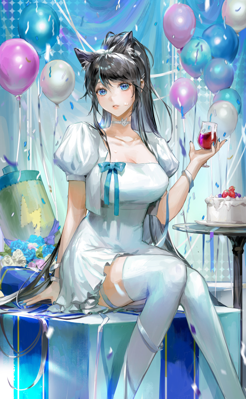 1girl absurdres animal_ears balloon bangs blue_eyes breasts cake choker commission copyright_request cup dress drinking_glass food hand_up highres knees_together_feet_apart large_breasts long_hair looking_at_viewer parted_lips photoshop_(medium) ponytail puffy_short_sleeves puffy_sleeves short_sleeves sitting solo thighhighs very_long_hair white_choker white_dress white_thighhighs wine_glass xi_liu