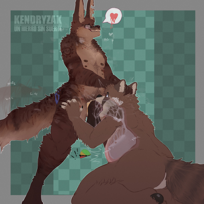 absurd_res anthro bodily_fluids canid canine cum cum_inflation deep_throat duo fellatio forced fox genital_fluids genitals head_grab hi_res hierro_(kendryzak) hyaenid hybrid inflation internal irrumatio kendryzak_(artist) knotting ludd male male/male mammal oral oral_knotting overweight overweight_male penile penis procyonid raccoon sex surprised_expression tail_motion tailwag