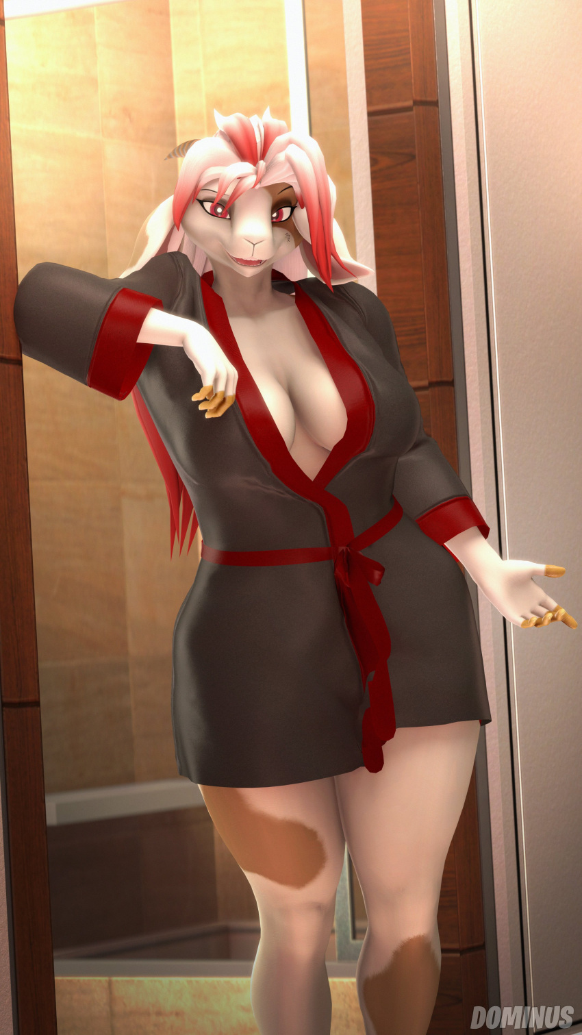 2022 4k 9:16 absurd_res ali_valencia_(dominus) anthro big_breasts black_clothing black_robe bovid breasts brown_body brown_fur caprine cleavage clothed clothing dominussfm female fingerless_(marking) fur goat hair hi_res highlights_(coloring) horn inside looking_at_viewer mammal multicolored_body multicolored_fur multicolored_hair open_mouth red_eyes red_hair red_highlights robe solo standing two_tone_body two_tone_fur two_tone_hair warfare_machine white_body white_fur white_hair