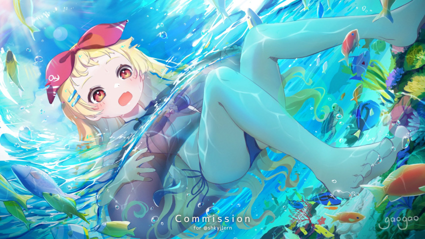 1girl azur_lane bikini blonde_hair blue_bikini blue_swimsuit breasts bubble commission coral coral_reef fang feet fish floating gaogao_(gaogaomegu) hair_ornament hair_ribbon hairclip highres holding_lifebuoy jenkins_(azur_lane) lifebuoy long_hair looking_down ocean open_mouth outdoors red_eyes red_ribbon ribbon sand shark skeb_commission sky small_breasts solo summer surprised swimsuit tropical_fish turtle very_long_hair water wavy_hair