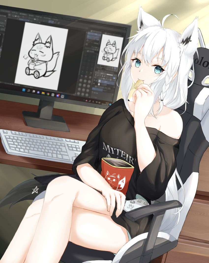 1girl absurdres ahoge animal_ear_fluff animal_ears bangs bare_shoulders black_shirt braid breasts chair chips collarbone commentary_request controller crossed_legs earrings eating extra_ears food fox_ears fox_girl fox_tail game_controller gaming_chair green_eyes grey_shorts hair_between_eyes highres hiragi_moka holding holding_food hololive indoors jewelry keyboard_(computer) long_hair looking_at_viewer monitor pentagram shirakami_fubuki shirt shorts sidelocks single_braid sitting small_breasts solo sukonbu_(shirakami_fubuki) table tail virtual_youtuber white_hair