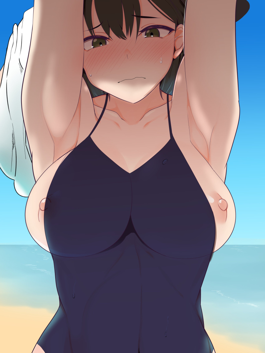 1girl absurdres armpits banned_artist beach blue_sky blush breasts brown_eyes brown_hair day hekiga_(freelot) highres large_breasts nipples ocean one-piece_swimsuit one_breast_out school_swimsuit sky solo swimsuit touhou usami_renko