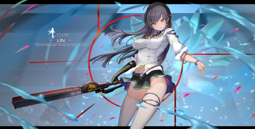 1girl absurdres bangs black_gloves black_hair bracelet breasts earrings elbow_gloves gloves green_eyes highres impossible_clothes jewelry long_hair looking_at_viewer medium_breasts single_elbow_glove skirt solo sword thighhighs tower_of_fantasy wangchuan_de_quanyan weapon white_legwear
