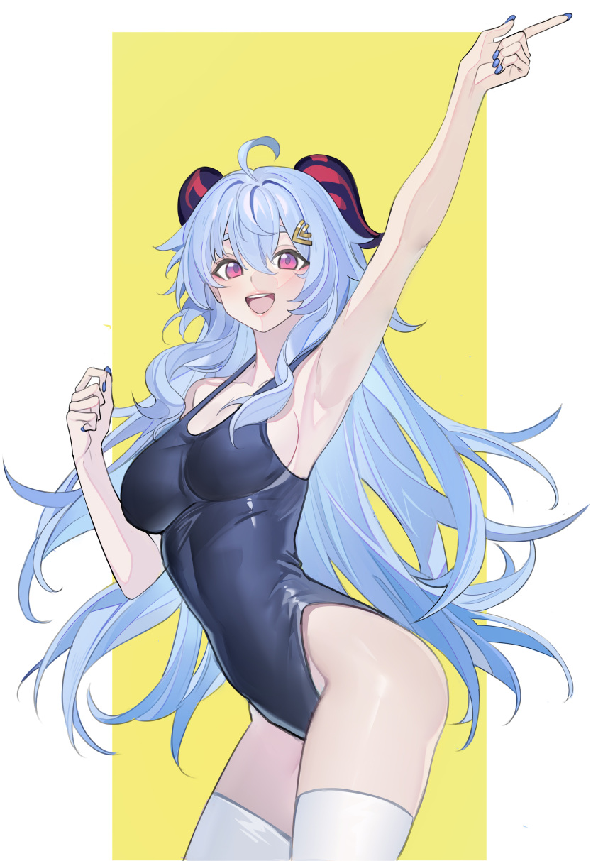 1girl absurdres bangs bare_hips bare_shoulders blue_hair breasts cheering echj ganyu_(genshin_impact) genshin_impact highleg highleg_swimsuit highres horns looking_at_viewer nail_polish pink_eyes solo swimsuit thighhighs thighs white_legwear