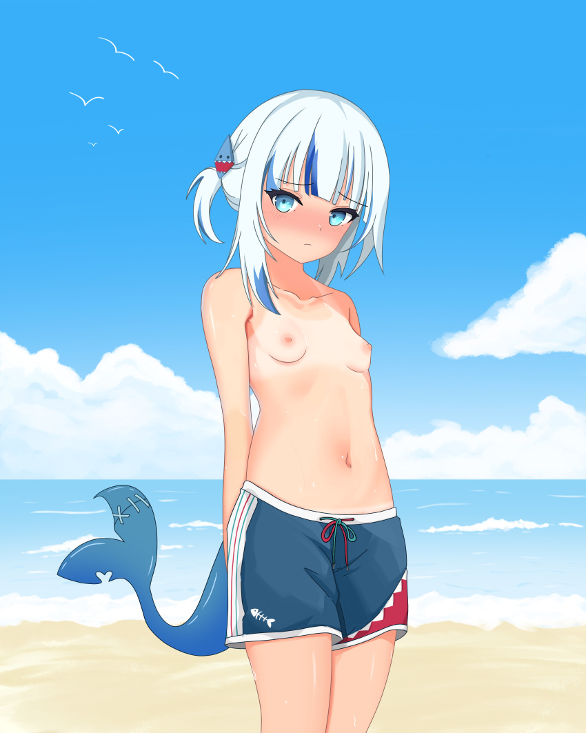 1girl absurdres amrb arms_behind_back bare_shoulders beach blue_eyes blue_male_swimwear blue_shorts blue_sky blush breasts closed_mouth cloud collarbone cowboy_shot crossdressing day embarrassed exhibitionism facing_viewer fish_tail flat_chest gawr_gura highres hololive hololive_english looking_at_viewer male_swimwear male_swimwear_challenge midriff navel nervous nipples nose_blush ocean outdoors public_indecency public_nudity sand shark_girl shark_tail shore shorts shy sky small_breasts solo standing stomach summer sweat sweatdrop swim_trunks swimsuit tail tan tanlines thighs tomboy topless virtual_youtuber water water_drop