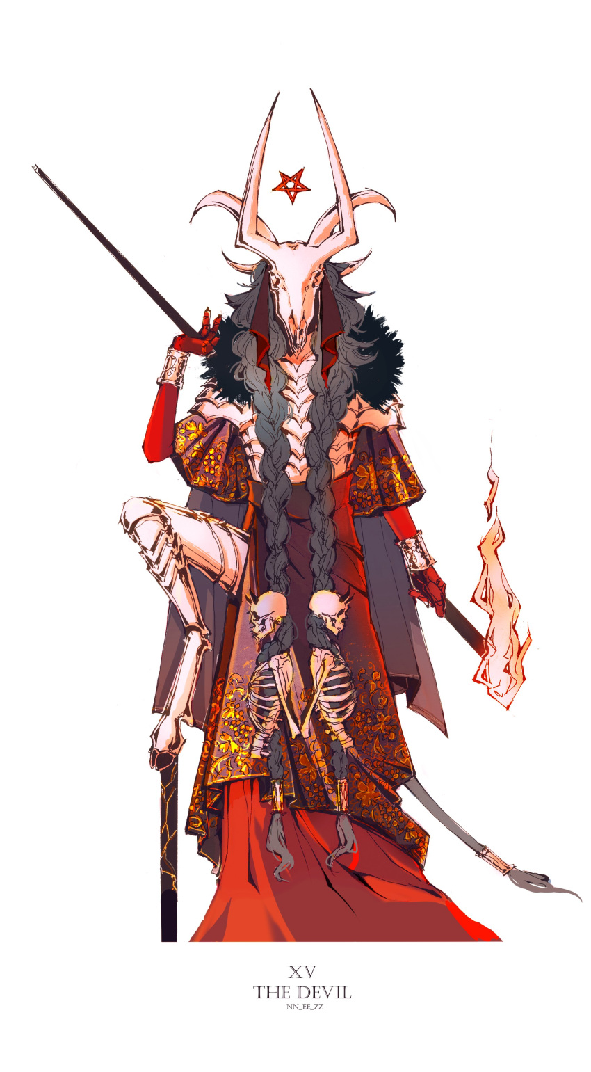 1other absurdres androgynous animal_skull armor bracer braid clothing_request colored_skin english_commentary english_text goat_legs highres holding holding_torch leg_up long_hair nez_(artist) original pentagram red_skin robe simple_background skeleton tail tarot torch twitter_username