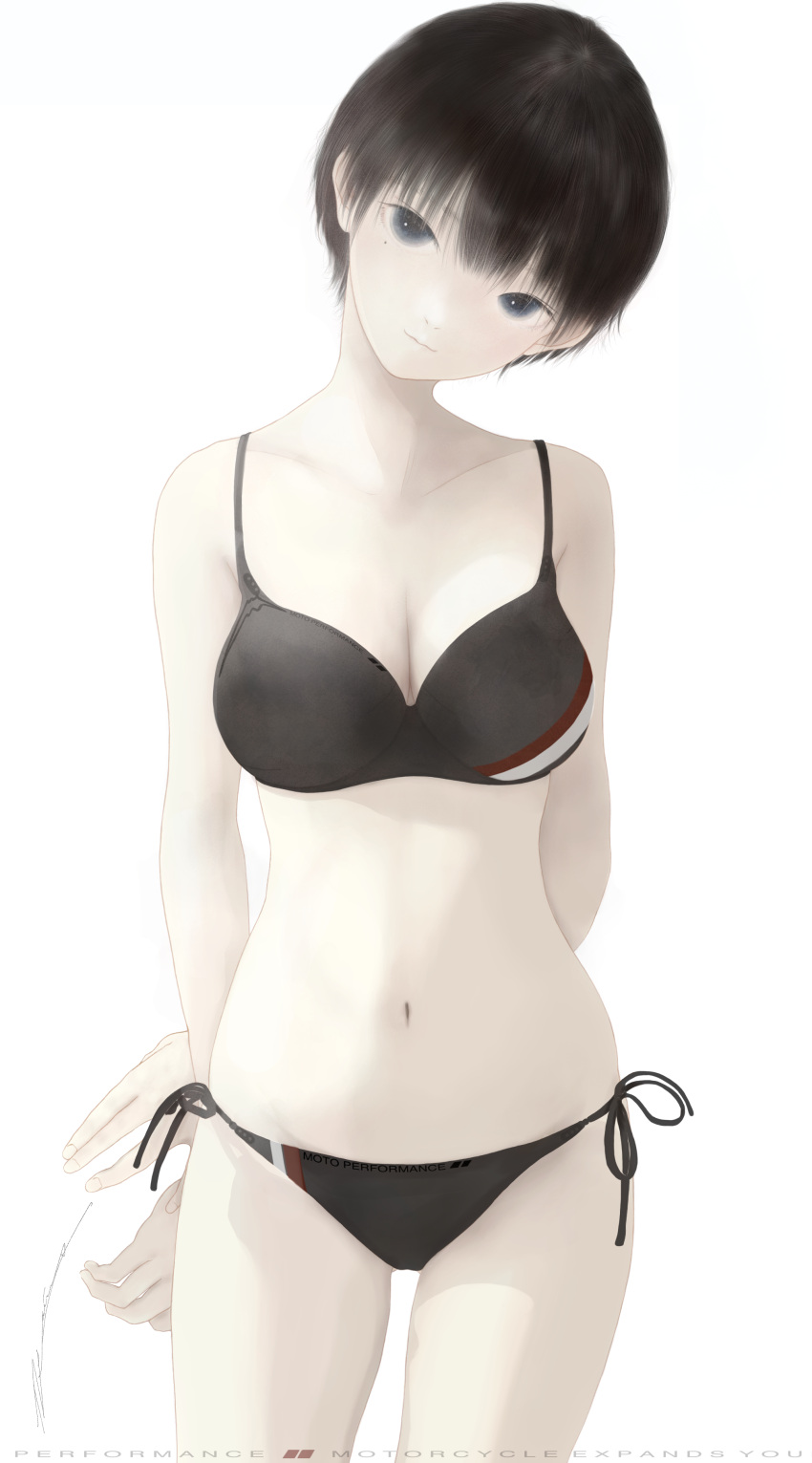 1girl absurdres arms_behind_back bangs bikini black_bikini black_hair blue_eyes breasts cleavage closed_mouth clothes_writing eyelashes highres junito715 light_smile looking_at_viewer mole mole_under_eye navel original short_hair side-tie_bikini signature simple_background swimsuit white_background