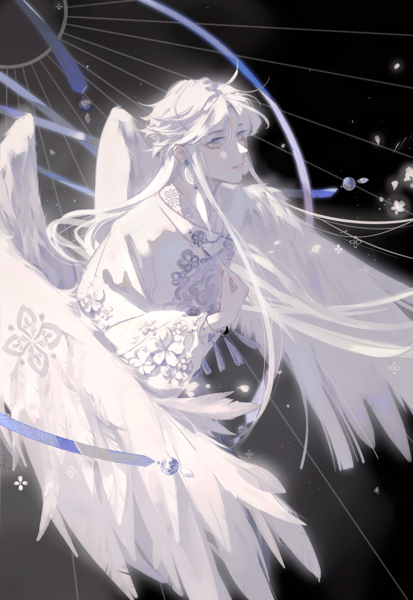 1boy absurdres ahoge bangs bishounen china_dress chinese_clothes chinese_knot dress flower from_side gongzichaohuang grey_eyes highres knot long_hair long_sleeves male_focus original parted_bangs print profile shirt solo straight_hair white_eyes white_flower white_hair white_shirt white_wings wide_sleeves wings