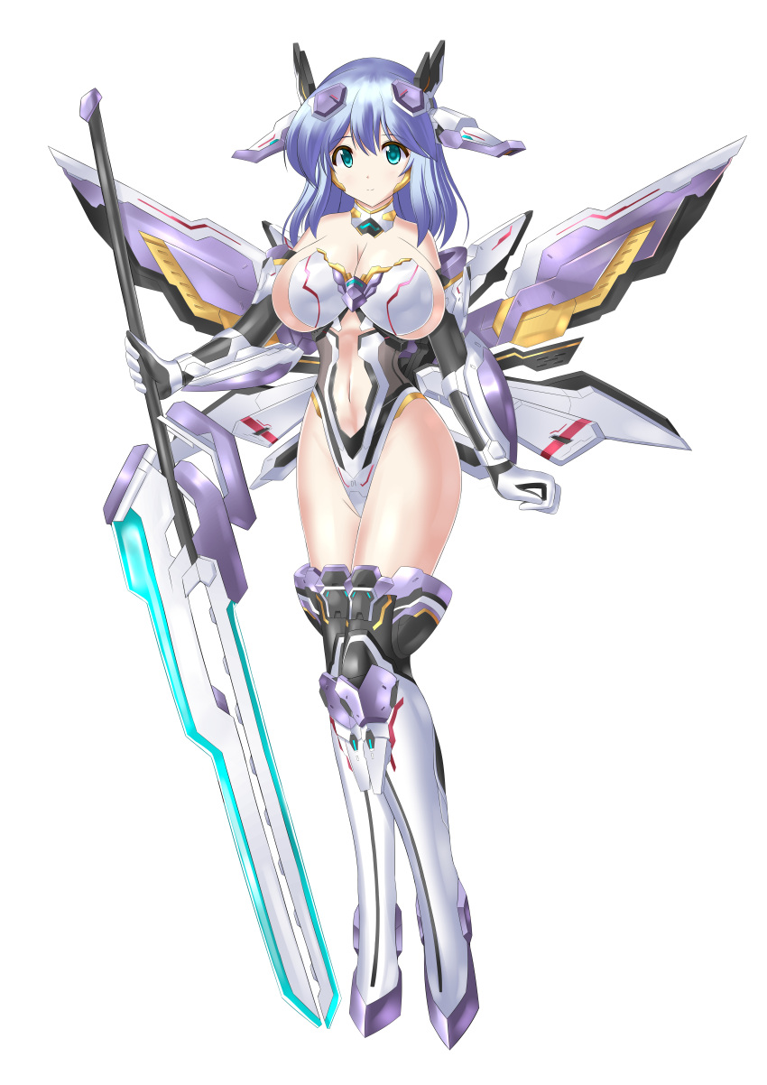 1girl absurdres armor armored_boots armored_leotard artery_gear artery_gear:_fusion bare_shoulders black_gloves blue_eyes blue_hair bodysuit_removed boots breastplate breasts center_opening clothing_cutout cowboy_shot elbow_gloves full_body gloves groin hair_between_eyes hair_ornament highres holding holding_sword holding_weapon large_breasts leotard mecha_musume mechanical_ears mechanical_wings navel nio_silen revealing_clothes short_hair sideboob simple_background smile solo standing stomach_cutout sword thighhighs thighs weapon white_background wings yakkey