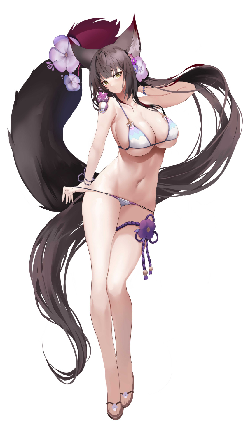 1girl absurdres animal_ears arm_up armpit_crease bare_arms bare_legs bare_shoulders bikini blue_archive breasts brown_hair cleavage closed_mouth flower fox_ears fox_girl fox_tail frown full_body hair_flower hair_ornament halter_top halterneck highres large_breasts large_tail long_hair looking_at_viewer navel nevin_(flyskying) simple_background skindentation slippers solo standing stomach string_bikini swimsuit tail thigh_strap thighs very_long_hair wakamo_(blue_archive) wakamo_(swimsuit)_(blue_archive) white_background white_bikini yellow_eyes