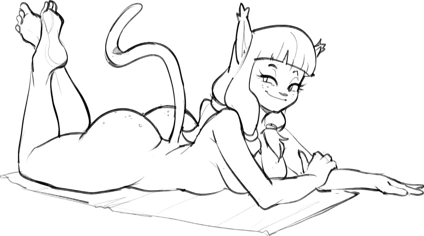 2022 4_fingers 4_toes accessory ankama anthro beach_towel big_butt butt convenient_censorship dbaru dofus domestic_cat ear_tuft ecaflip eyelashes feet felid feline felis female fingers freckles freckles_on_butt hair hair_accessory hairband half-closed_eyes hand_on_arm hi_res legs_up looking_at_viewer lying mammal miranda_(wakfu) monochrome narrowed_eyes nude on_front smile smiling_at_viewer smirk soles solo toes towel tuft video_games wakfu