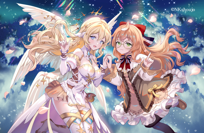 2girls bangs banned_artist blonde_hair blue_eyes boots breasts brown_footwear character_request closed_mouth copyright detached_sleeves dress feathered_wings glasses green_eyes hands_up high_heels holding_hands index_finger_raised long_hair looking_at_viewer medium_breasts midori_foo multiple_girls multiple_wings nkshoujo open_mouth orange_hair petals thigh_boots thighhighs virtual_youtuber white_wings wings