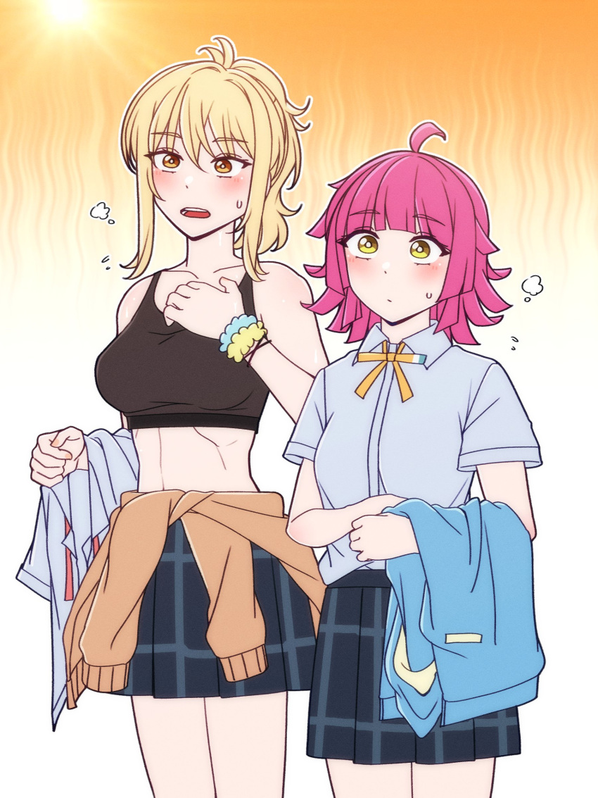 2girls absurdres ahoge bangs black_bra black_skirt blonde_hair blue_jacket blunt_bangs blunt_ends blush bow bowtie bra breasts brown_sweater checkered_clothes checkered_skirt clothes_around_waist collarbone dot_nose expressionless highres hot jacket jacket_removed large_breasts looking_ahead love_live! love_live!_nijigasaki_high_school_idol_club midriff miyashita_ai multiple_girls open_mouth orange_background pink_hair pleated_skirt ponytail rlqns9995 scrunchie shirt shirt_removed short_hair short_sleeves sidelocks skirt small_breasts sports_bra steam sun sunlight sweat sweater sweater_around_waist symbol-only_commentary teeth tennouji_rina underwear white_shirt wing_collar wrist_scrunchie yellow_bow yellow_bowtie yellow_eyes