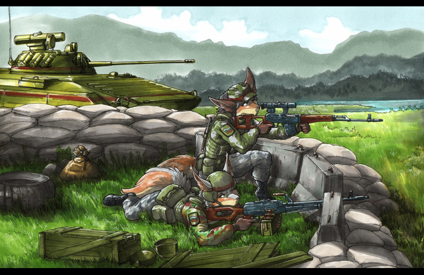 2022 absurd_res ambiguous_gender anthro biped black_boots black_clothing black_footwear bmp2 boots bottomwear bulgarian_flag canid canine clothed clothing detailed_background dragunov duo ewgengster_(artist) footwear fox fur grass grass_field green_eyes green_helmet grey_bottomwear grey_clothing grey_pants gun hi_res ifv kneeling lying machine_gun mammal military military_uniform military_vehicle on_front on_ground orange_body orange_fur pants plant pouches ranged_weapon rifle sandbag sniper_rifle svd tire traditional_media_(artwork) uniform vehicle weapon