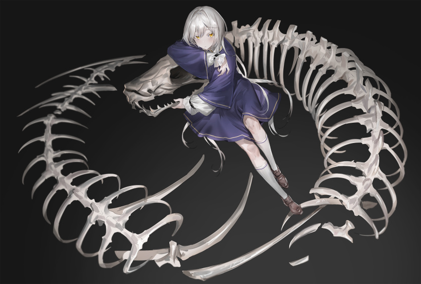 1girl blue_dress blush brown_footwear closed_mouth commission dress gradient gradient_background grey_hair hair_between_eyes highres leaning long_hair nykim0915 original skeleton sleeves_past_wrists slit_pupils socks solo very_long_hair white_socks yellow_eyes